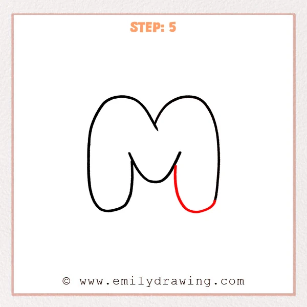 how to draw a bubble letter m - The bubble letter “m” now shows an inner right stroke and a rounded bottom corner, beginning to close the right leg’s thickness.